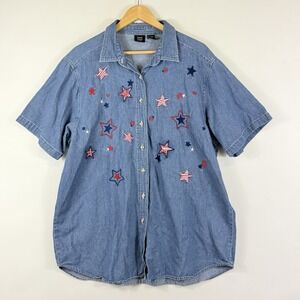 Quizz Again Co Top Womens XL Blue Denim Red White Patriotic Stars‎ Stripes Shirt